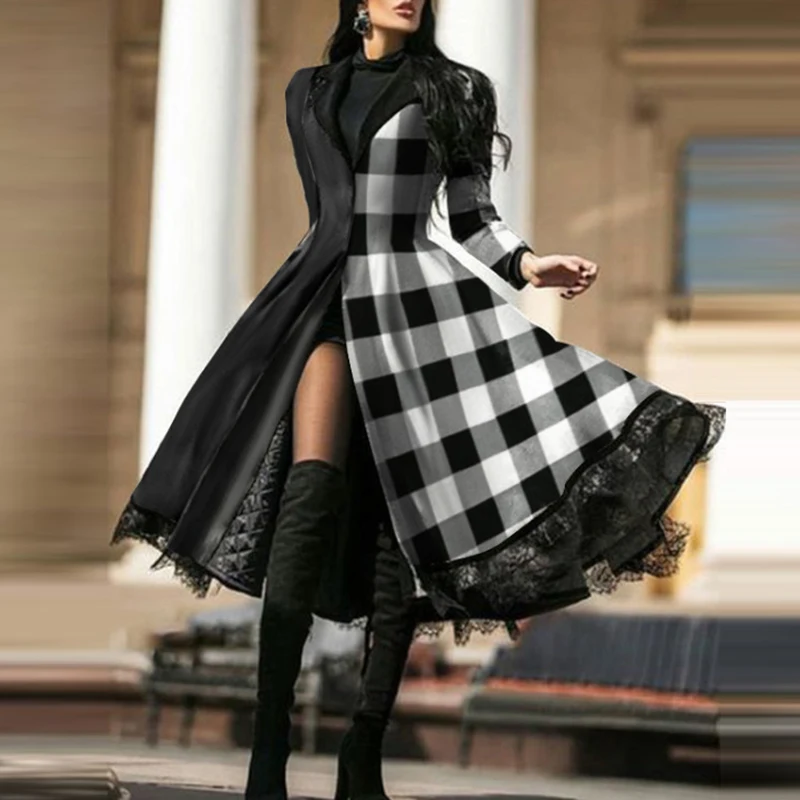 

Autumn Winter Long Sleeve Lady Party Dress 2022 Elegant Button Slit Women Dress Vintage Floral Print Patchwork Lace A-Line Dress
