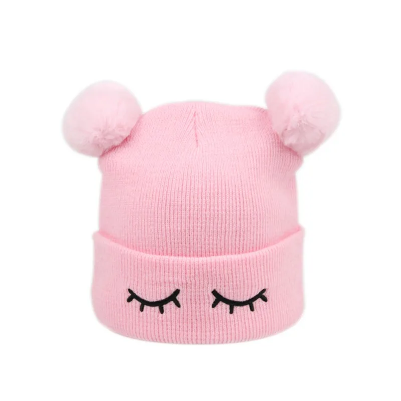 Winter Children's Cap Headgear Eyelash Embroidery Imitation Fox Fur Double Ball Knitted Wool White red Black Gray 0-7T | Детская