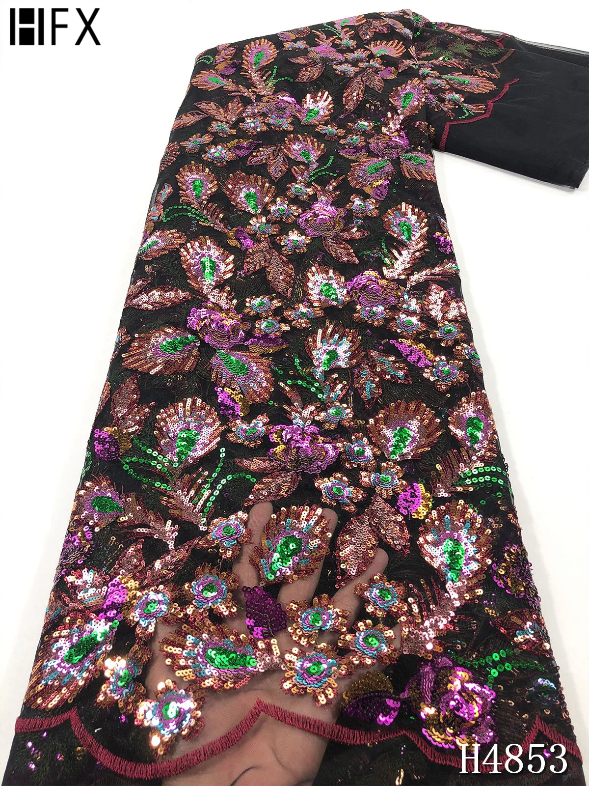 

HFX Latest Sequins Lace Fabrics 2021 Nigerian High Quality Bridal Lace Fabric Luxury Embroidery French Tulle Lace Fabric F4853