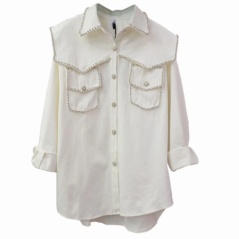 Diamant Strass Chemise Femme 2021 Printemps Nouveau Denim Blanc Chemisier Femme Vêtements Hauts Amples Femme Blusas À Manches Longues Revers