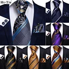 Привет-галстук темно-синий полосатый Шелковый Свадебный галстук для мужчин модный дизайн подарок мужской галстук Hanky запонки набор деловые вечерние Прямая поставка