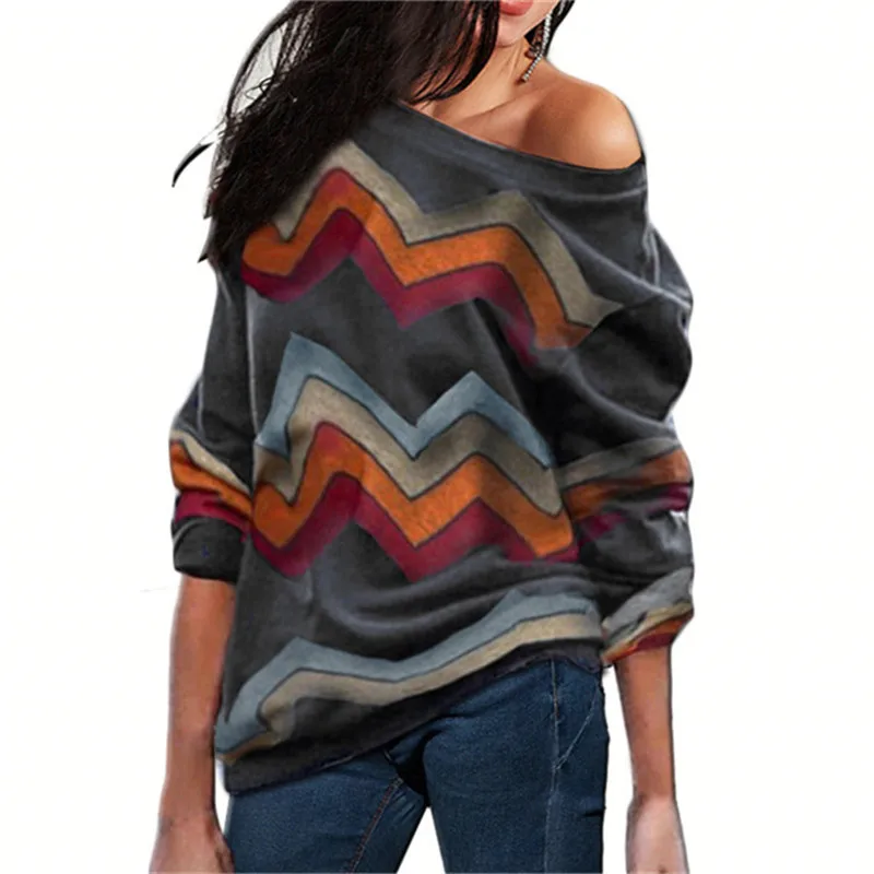 Женские блузки с открытыми плечами топы Полосатый пуловер принтом джемперы