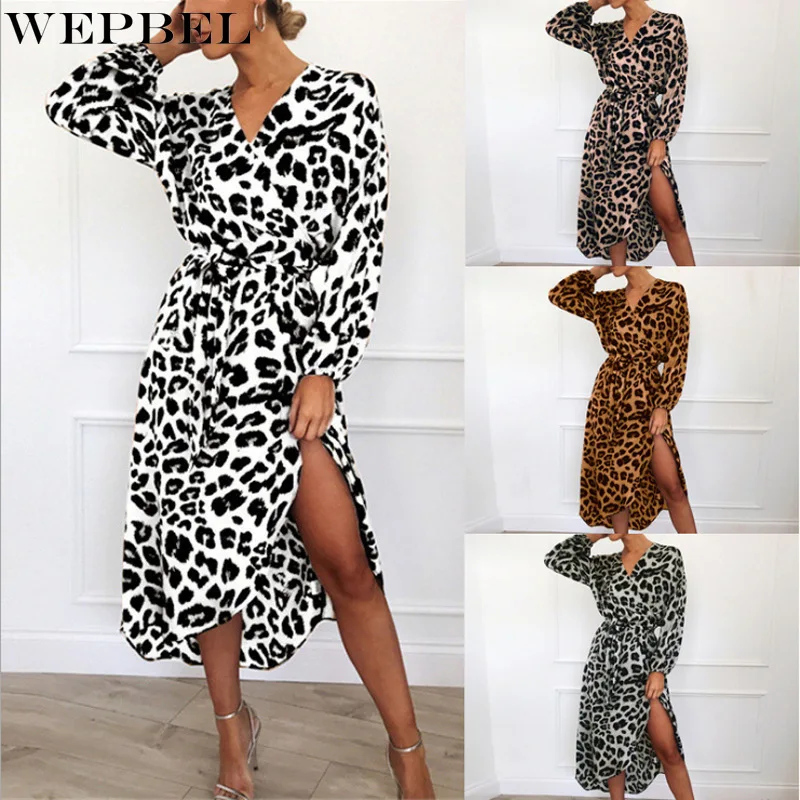 

WEPBEL Dress Women's Leopard Printed V-neck Lace-up Dress Spring Summer Leisure Long Sleeve High Waist Slit Irregular Dress