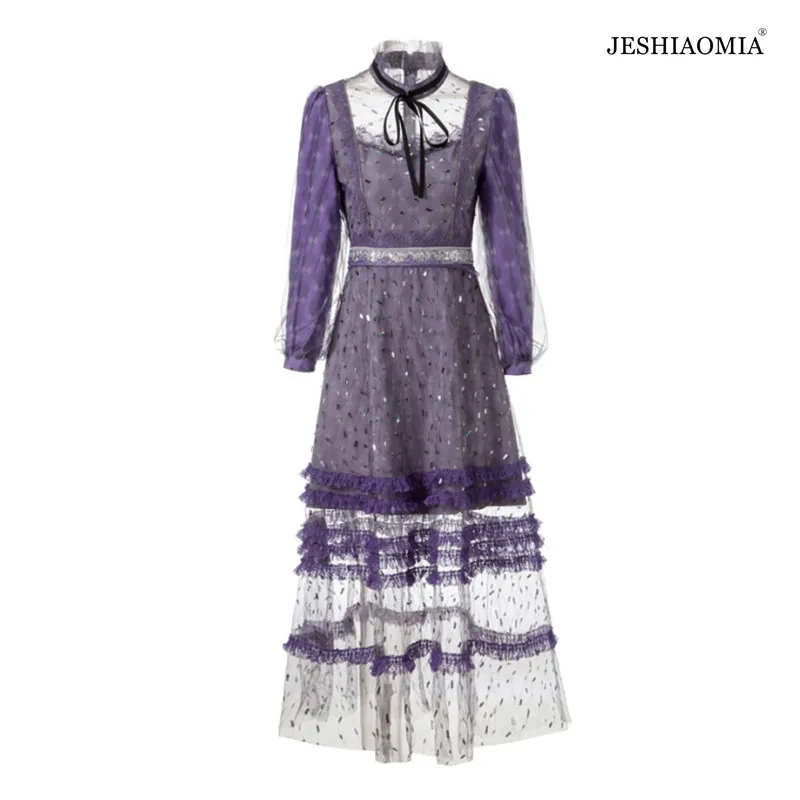 

JESHIAOMIA- 2021 Autumn Ruched Collar Sequin Patchwork Tiered Dress