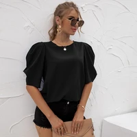 2021 new womens clothing european and american round neck fashion puff sleeve solid color chiffon top