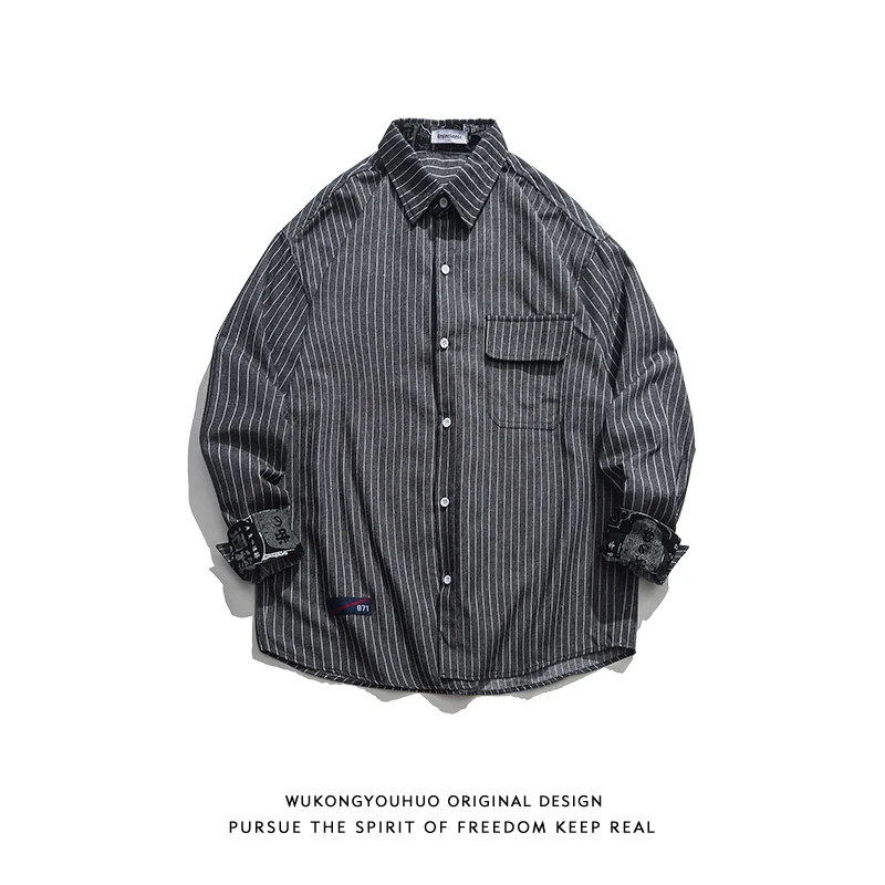 

Autumn Japanese Retro Shirt Vertical Striped Long Sleeved Shirt Mens Loose Street Couple Camisa Hombre Men Clothing EB50CS