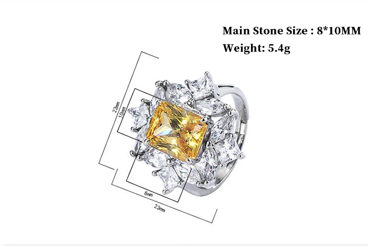 

S925 Sterling Silver Vintage Yellow Rhinestone Zircon Trim Ring Half Opening Adjustable Ring Christmas New Year Anniversary Gift