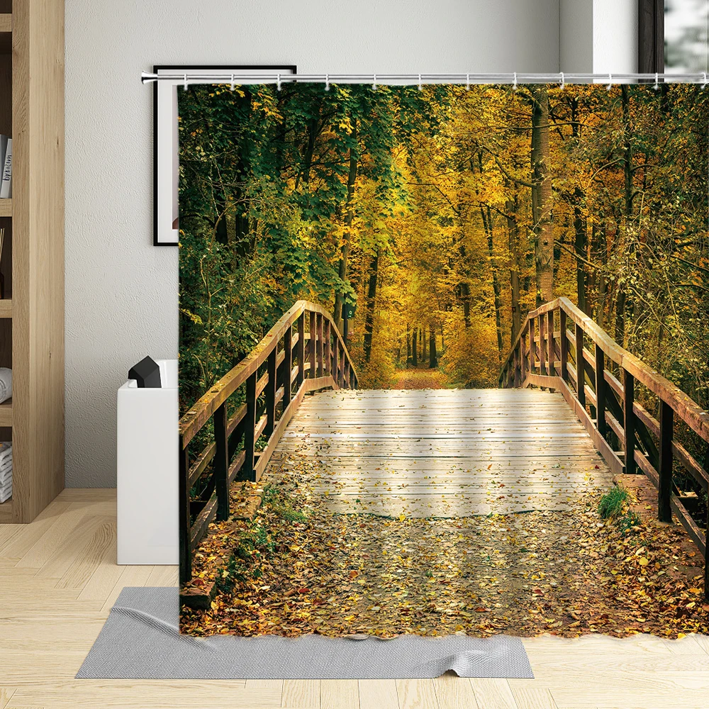 

Autumn Landscape Shower Curtains Rail Bridge Forest Beach Scenery Pattern Bathroom Decor Polyester Cloth Curtain Sets ​With Hook