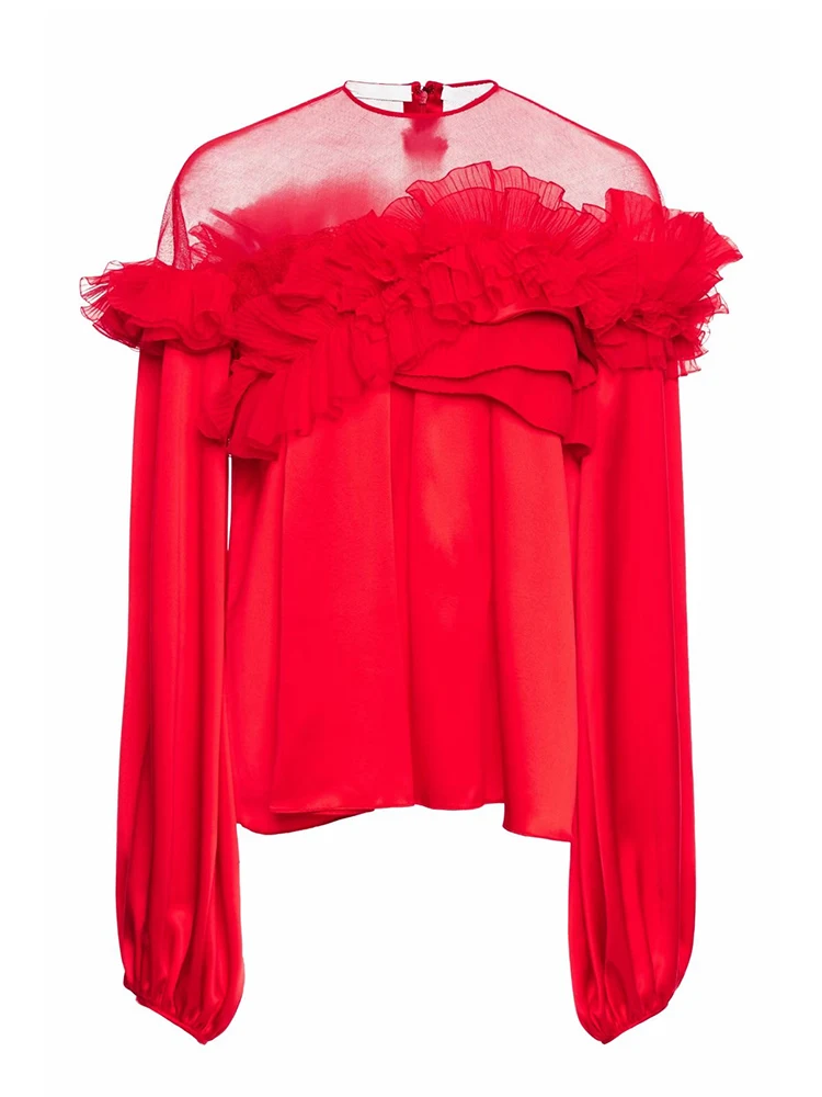 

Solid color perspective sexy leaky shoulder heavy craftsmanship stitching frills loose shirt ladies autumn new all-match