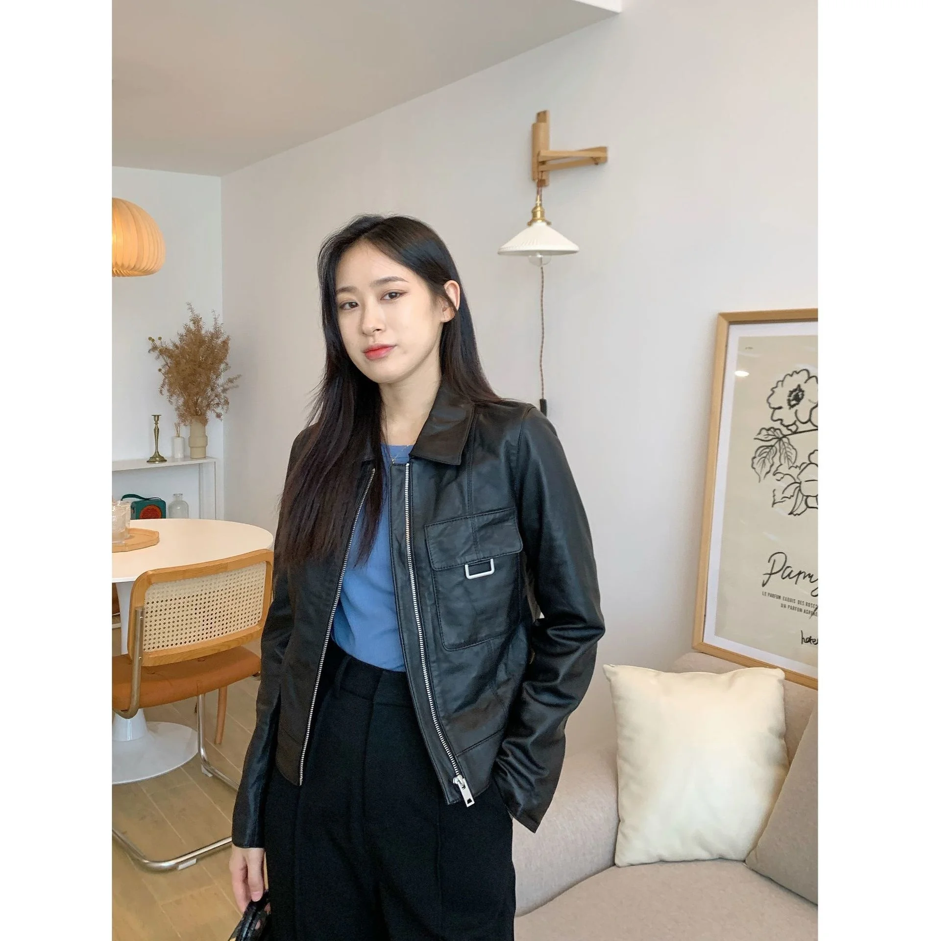 

H family show style texture Wu enemy mouth uncoated goat skin classic jacket short coat leather woman