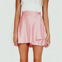 summer women skirt style pure color tall waist lace up fashion chiffon satin mini skirts women sweet elegant pink short skirts