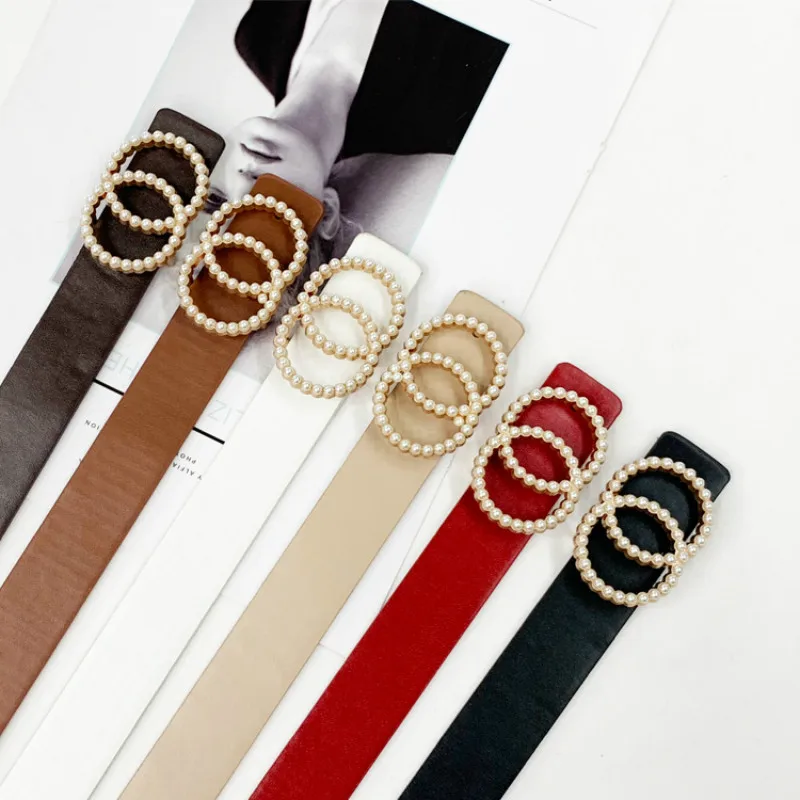 

Leather belt women waist luxury black red belts for jeans dresses woman pearl studded buckle girls ladies fashion decorative