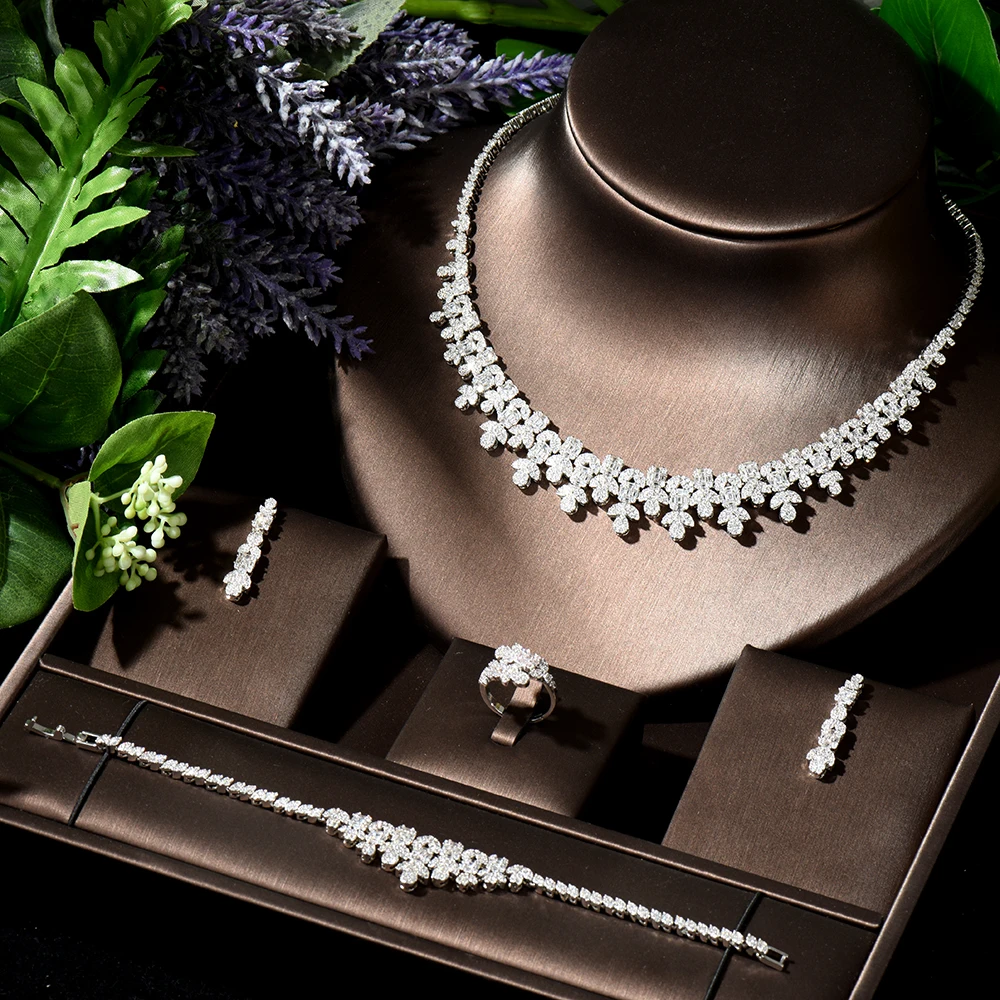 HIBRIDE, роскошный элегантный комплект из 4 предметов, ожерелье, серьги, браслет, кольцо, набор для благородных женщин, Свадебная вечеринка, шоу, ...