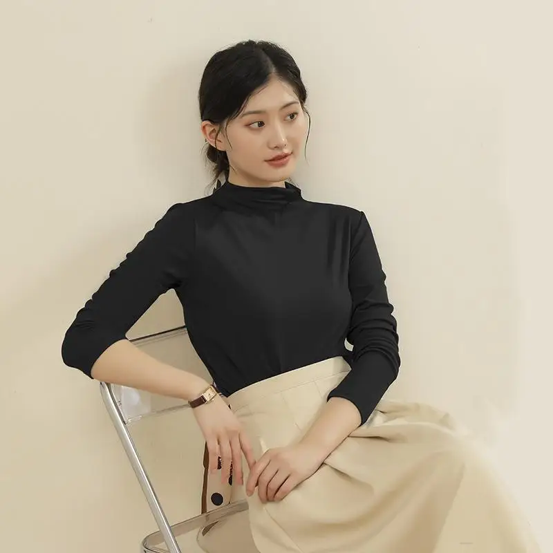 

2021 Fall Winter Morday Undershirt Female Elasticity Slim Sweater Women Korean Long Sleeve T-shirt Basic Solid Pullovers Black