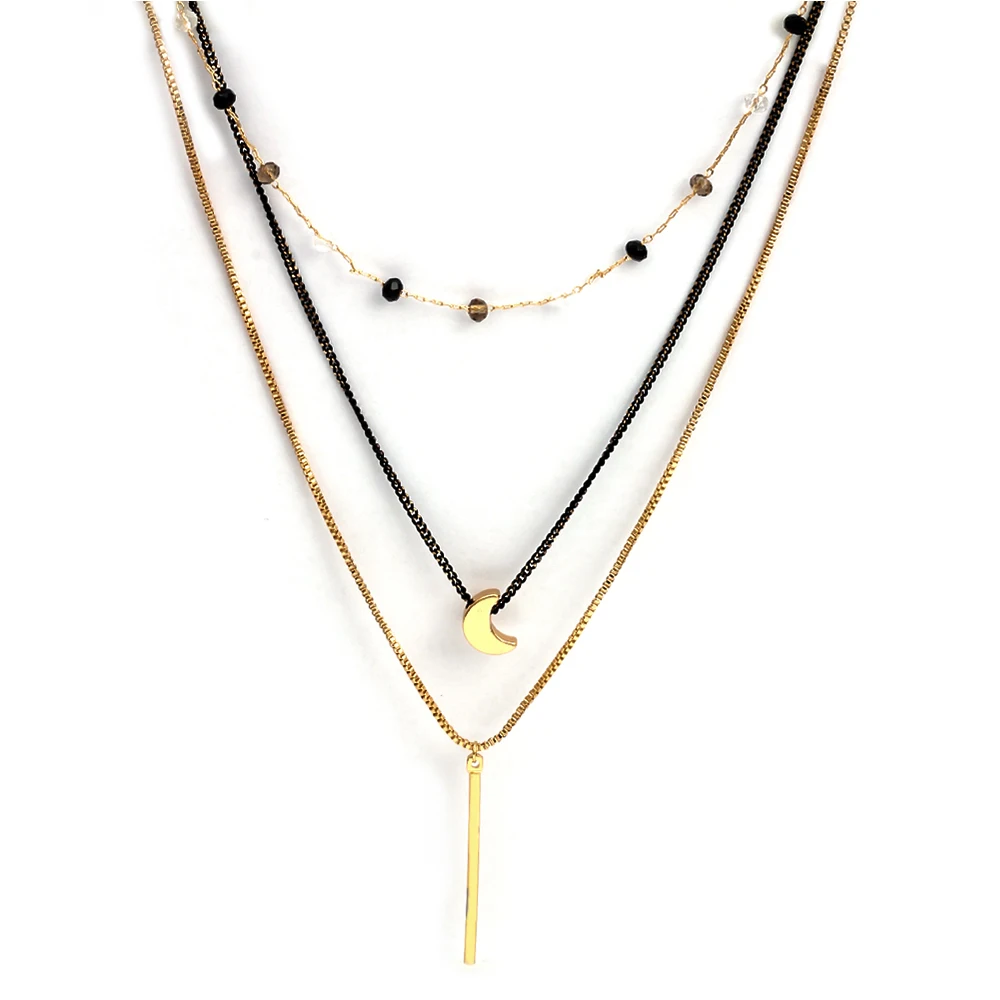 Женская трехслойная подвеска с Луной Wish Card черная/Золотая Длинная цепочка