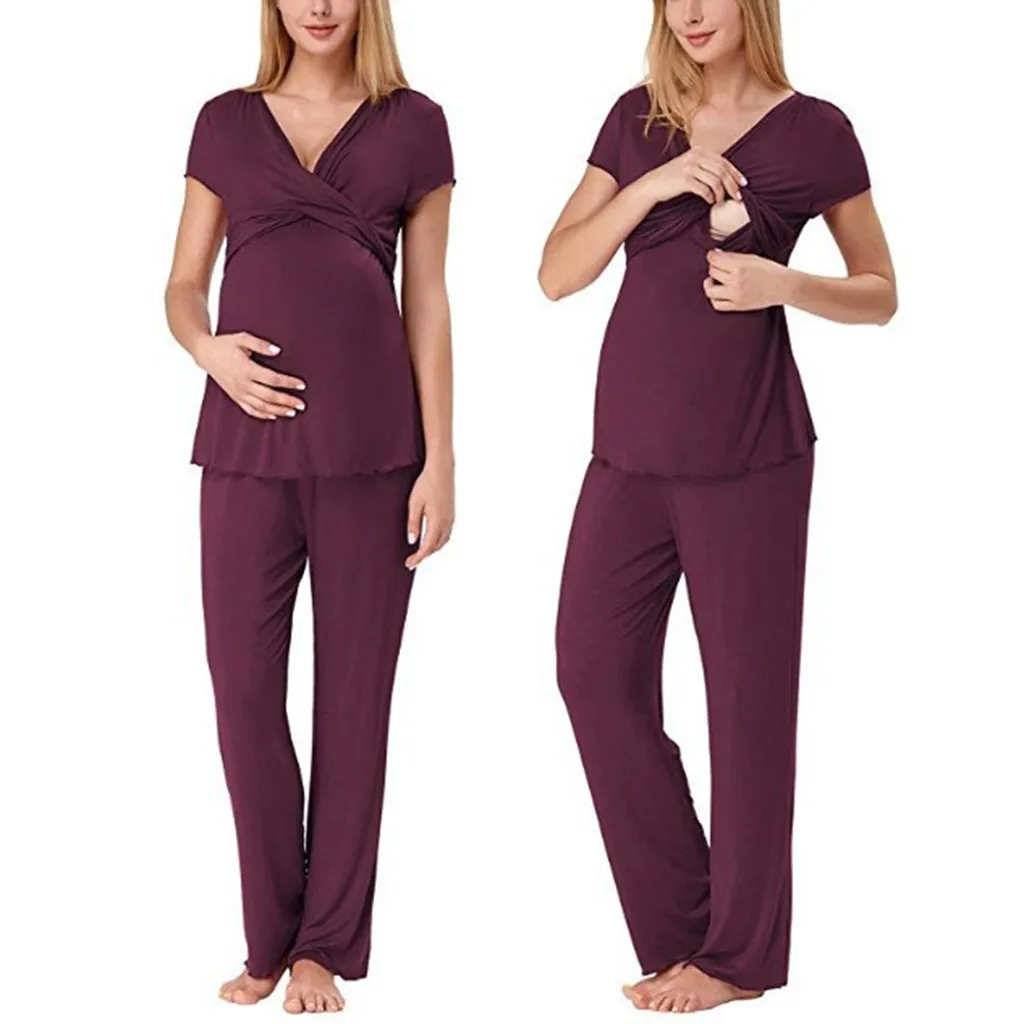 

Women Maternity Pajamas Set Solid Color V-neck Short Sleeve Nursing T-shirt Tops+long Pants Sleepwear Set Maternity Clothes
