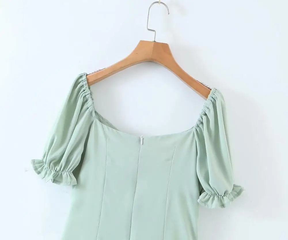 

Women Drawstring pleated Dresses Lady Sweety Puff Sleeves Square Neck Ruffles Dress Stylish Chiffon Dress Slim Suspender Dress