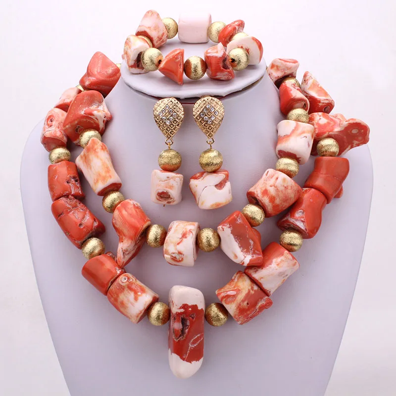

4ujewelry African Bridal Jewelry Set Big Nature Nigerian Coral Beads For Wedding Women 2021 Earrings Bracelet Necklace Set