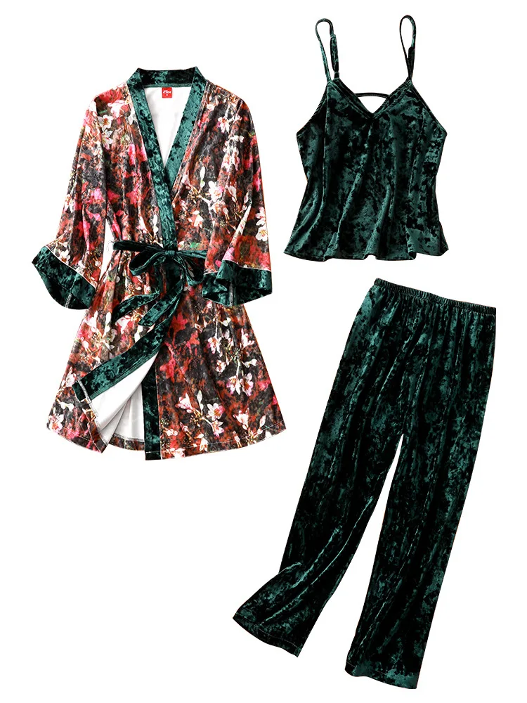 Новинка 2019 золотистые бархатные пижамы 3 предмета Осенние милые уличные