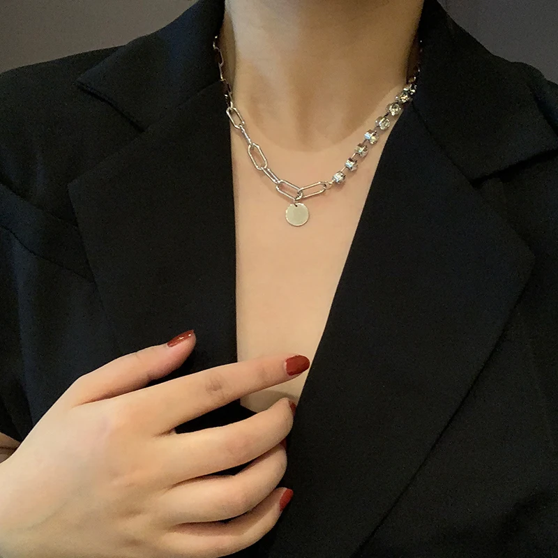 Ожерелье Стразы с цепочкой милое круглая подвеска в виде тарелки стиле интернет