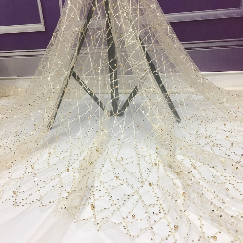 Кружевная ткань с блестками 2021, Высококачественная африканская кружевная ткань с бусинами, французский тюль, кружевная ткань для свадебного платья M32272