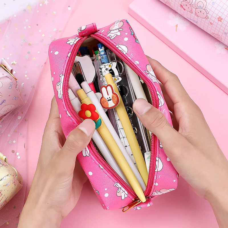 Cute Girly Heart Strawberry Rabbit Pencil Case Pu Student Creative High Capacity Storage Stationery Pen Box Bag | Канцтовары для