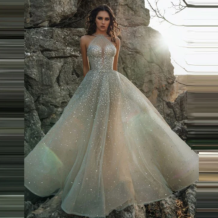 

Luxury Crytal Beading Evening Dresses Elegant Party Gowns Abendkleider Sexy Halter Prom Formal Dress See Through Robe De Soiree