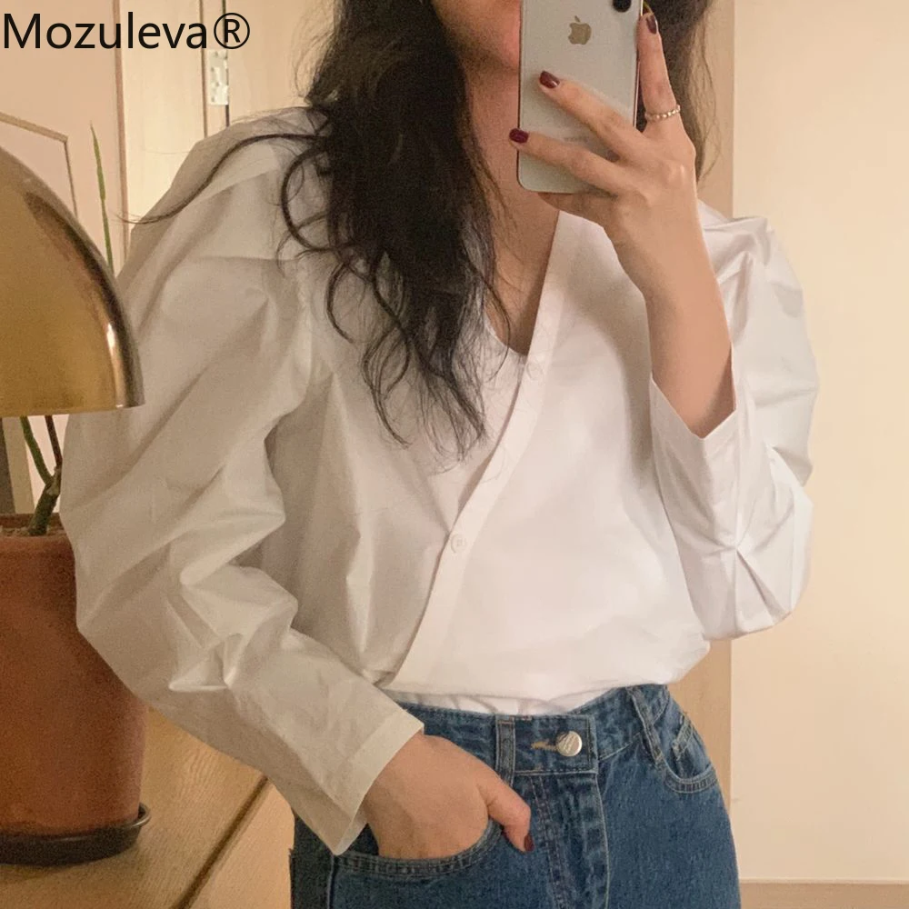 

Mozuleva Spring Korean Women Loose Shirt Solid Color Lantern Sleeve V-neck Blouse Shirt 2021 Summer OL Style Minimalism Blouse