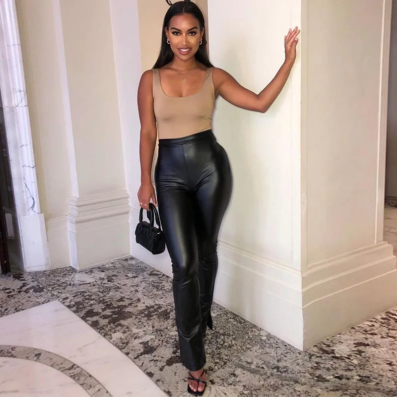 

KALENMOS Faux PU Leather Women Pencil Pants Side Split Skinny Bodycon High Waist Tight Trouser Black Fashion Fall 2020 Clothing