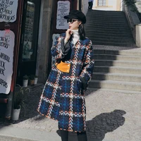 lanmrem 2021 autumn and winter fashion plaid warm v neck all match woolen coat womens mid length over the knee loose coat 2a905