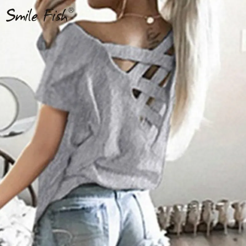 Футболка женская с открытой спиной и вырезами пикантный топ круглым вырезом