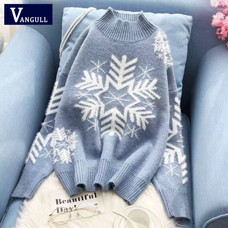 Женский Рождественский свитер Vangull красный вязаный пуловер с полуводолазкой и