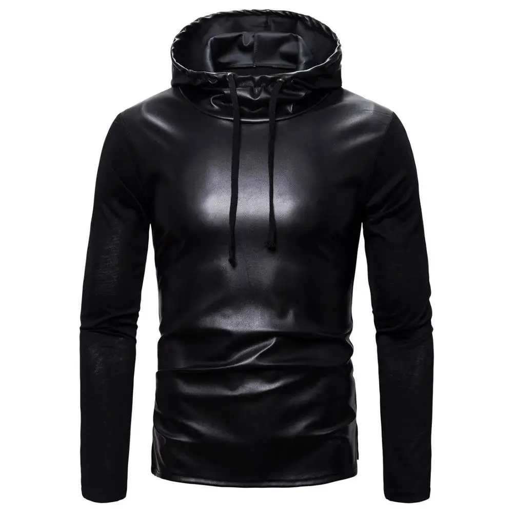 

Fashion Leather Hoodie Men's Sweatshirt Long-sleeved Round Neck Solid Sexy Black Streetwear Splice Tops pullover hoodies