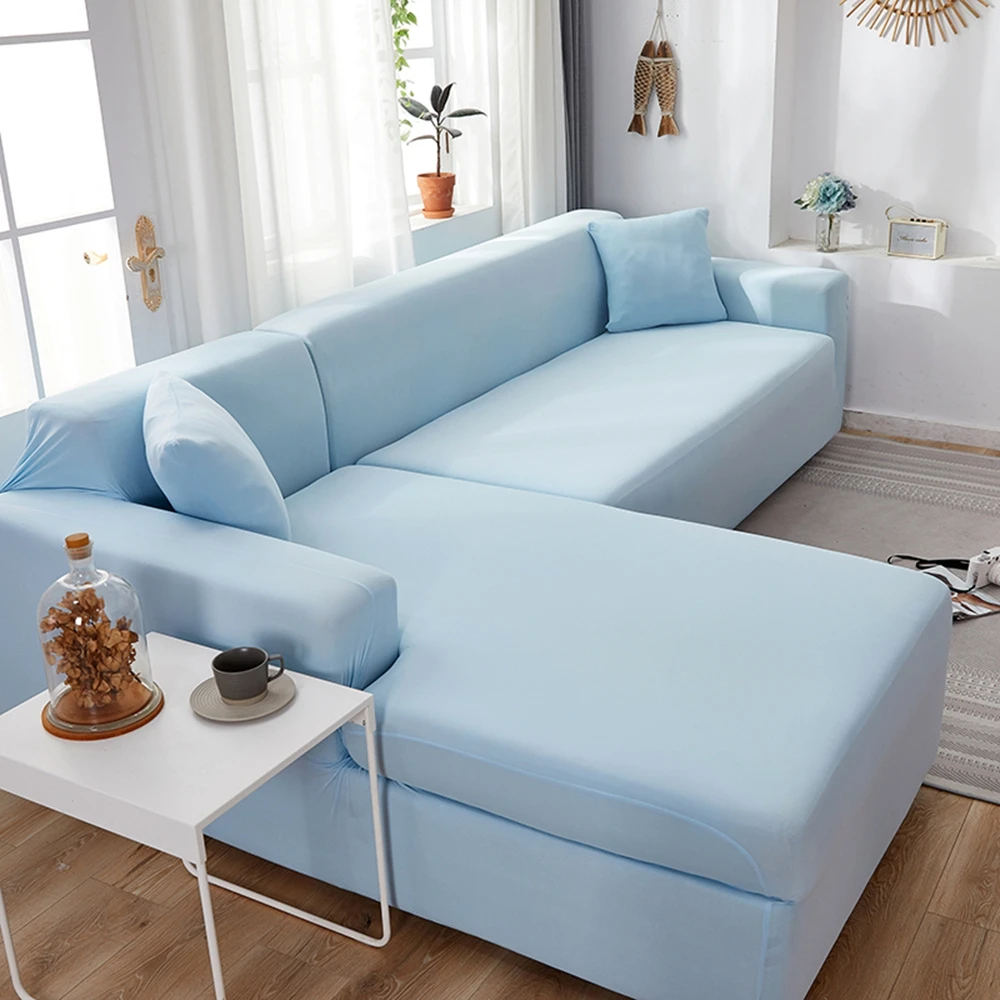 

Blue Solid Color L Shape Protection Chaise Longue Covers Elastic Corner Sectional Sofa Cover for Living Room Single 2 3 4 Place