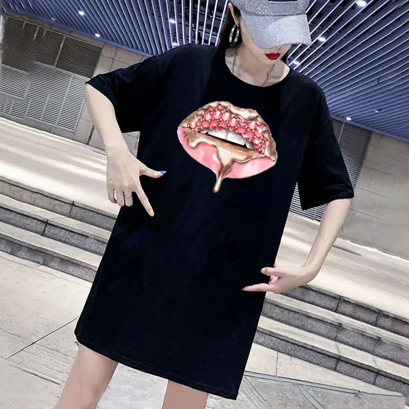 

Lip Print Dress Mini Women Loose Summer T-Shirt Dresses Korean Short Sleeve Casual Streetwear Pullover Dress Robes New