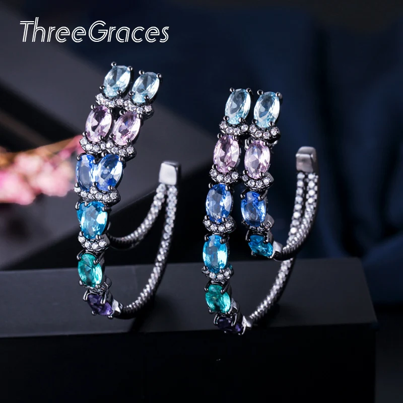 

ThreeGraces New Fashion Bohemian Multicolor Oval CZ Rhinestone Large Double Hoop Earrings for Women Jewelry Accesories ER070