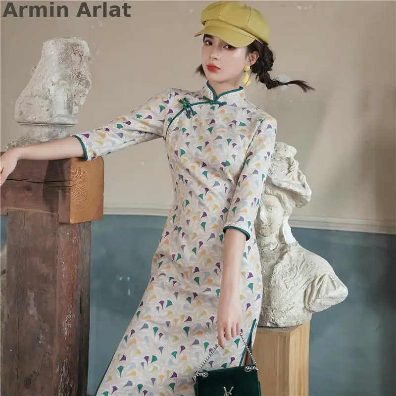 

Armin Arlat Sexy Women Cheongsam Print Qipao Vestidos Classic Priental Cpstume New Chinese Derss Mujer Vestido Qi Pao Gown