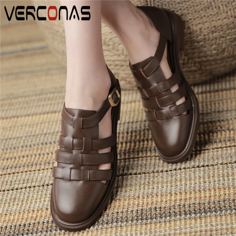 

VERCONAS Rome Style Women Pumps Summer Working Casual Sandals Weave Genuine Leather Low Heels Round Toe Gladiator Shoes Woman