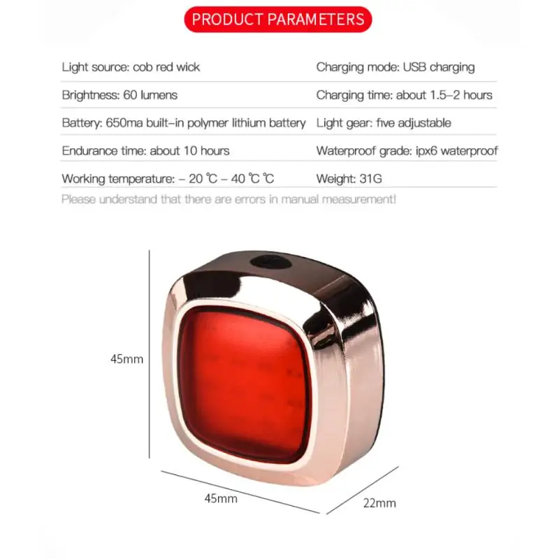 

Bicycle Taillight USB Rechargeable5 Modes Bike Cycling Smart Brake Induction Warning Light Mountain Bike Night Riding Tail Light