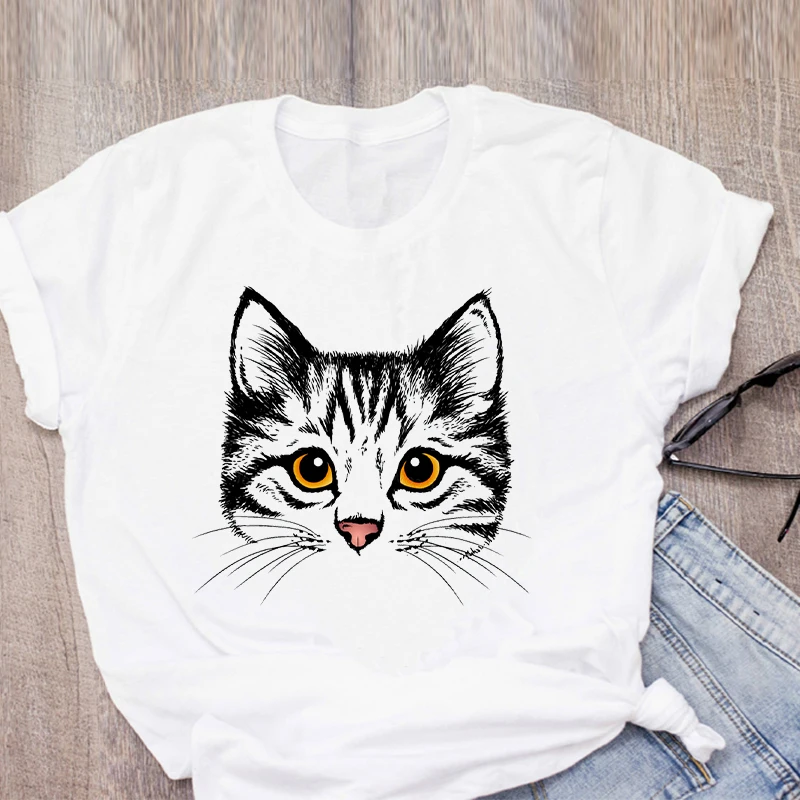 

Women Cat Cute Short Sleeve Fashion Printed Summer Lady Womens Clothing Tops T-Shirt Shirt Tees Female T Shirt