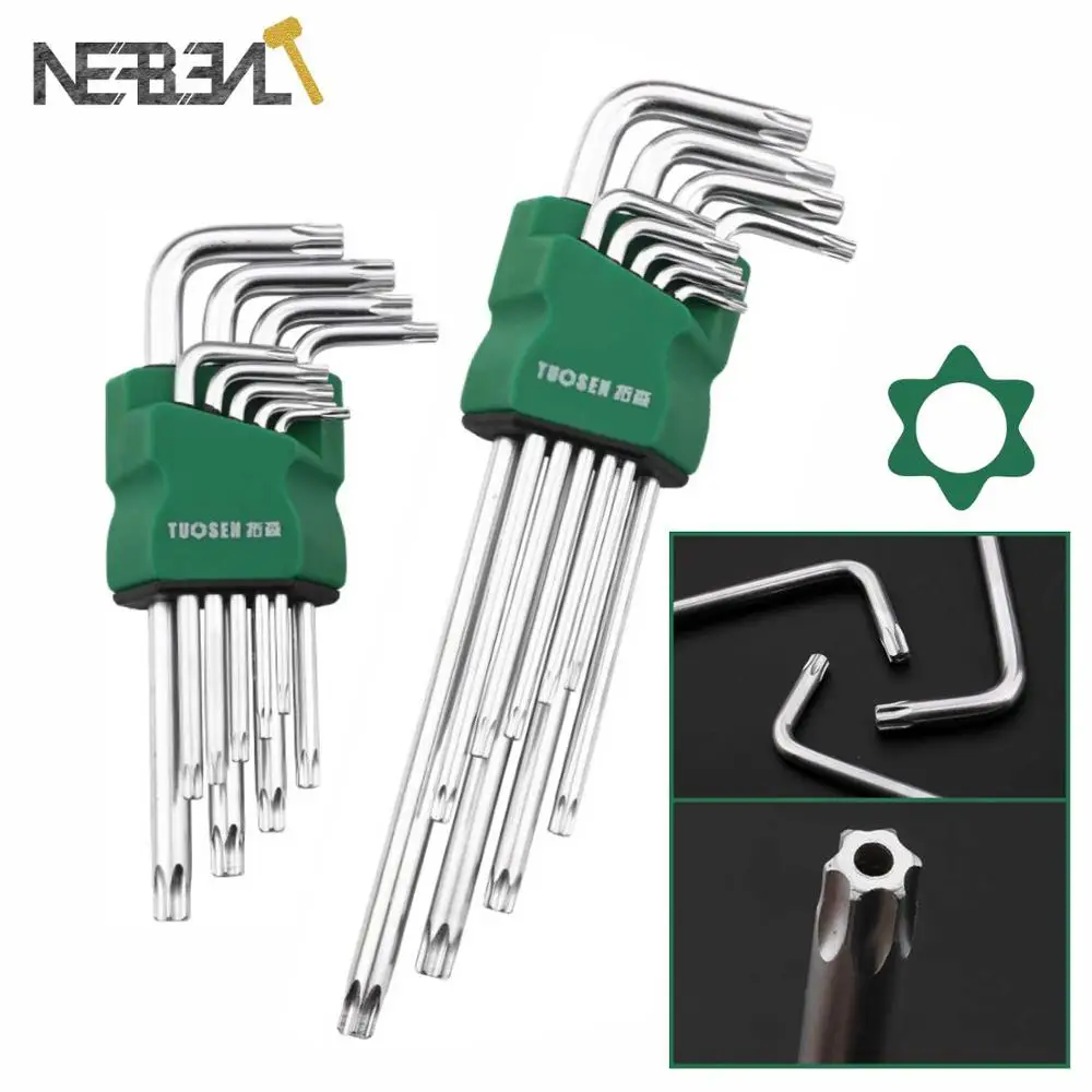 

9 Pcs Hex Key Set L Type Durable Metric Torx Chrome Vanadium Star Wrench Tool Screwdriver T10 T15 T20 T25 T27 T30 T40 T45 T50