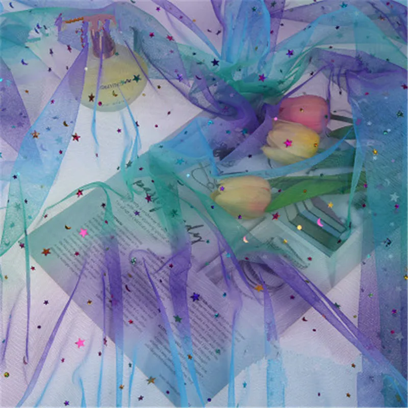 Радужная сетчатая ткань с блестками градиентный цвет сетка пряжа звезды луна