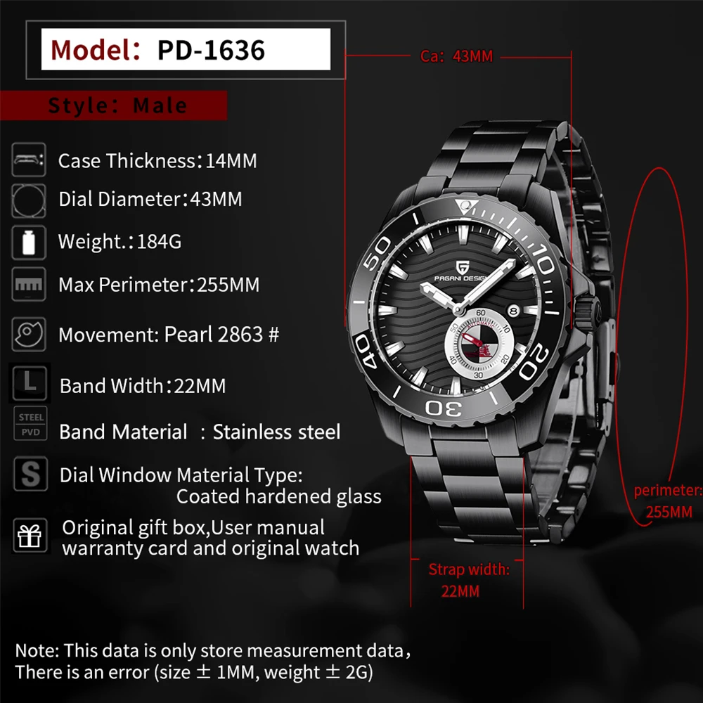 

New PAGANI DESIGN 1636 Automatic Calendar Mechanical Mens Watches Stainless Steel Waterproof Men Wrist Watch Watch Sport For Men