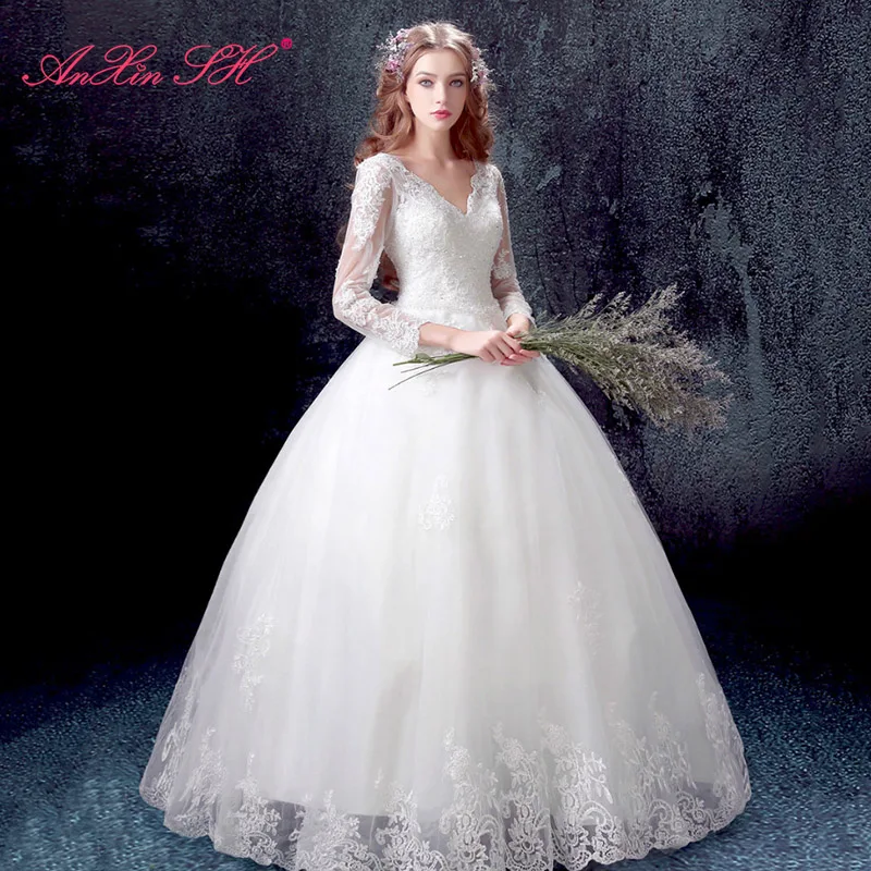 

Винтажное белое кружевное бальное платье AnXin SH с v-образным вырезом, принцесса, иллюзия, с длинным рукавом, белое цветочное свадебное платье на шнуровке для невесты 7683