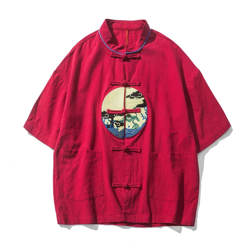 

Chinese Tang Suit for Man Traditional Style Short Sleeve Shirt Retro Embroidery Stand Collar T-shirt Male 2020 Buckle Outfits