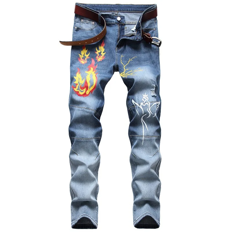

Hip Hop Design Brand Print Jeans For Men'S Straight 2021 Fashion Hole Ripped Distressed Moto Bike Vintage Jean Plus Size
