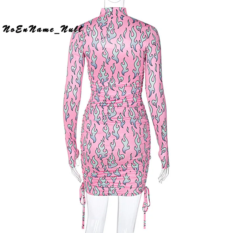 

New sexy cut out drawstring lace up long sleeve print dress Bodycon Street Mini Dress Chic Office Lady Dress Female Fall Low-Cut