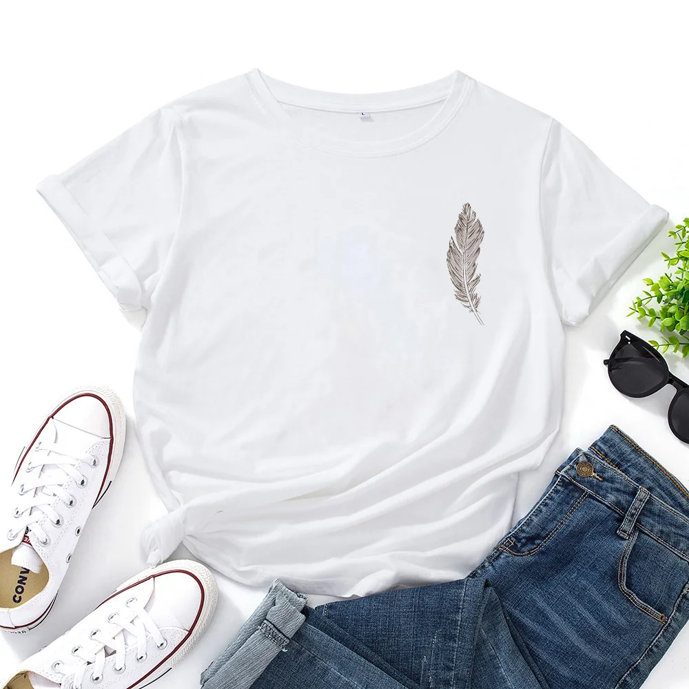 

Feather Harajuku Print Tshirt Women Cotton O-neck Short Sleeve T Shirt for Women Black White Letters Personalized T-shirt Women