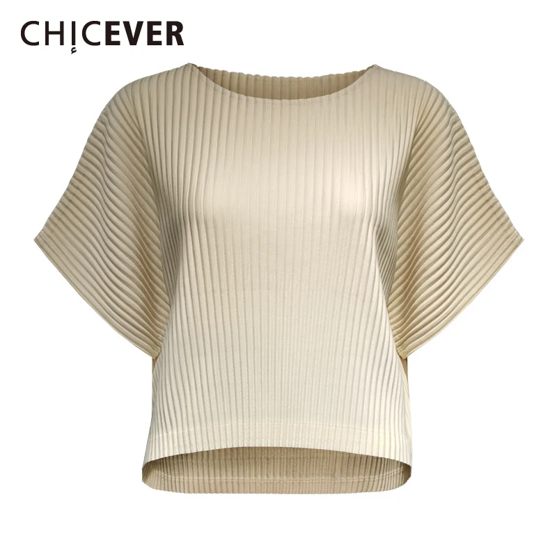 

CHICEVER Ruched T Shirt For Women O Neck Short Sleeve Loose Minimalist Solid T Shirts Females Fashion Clothing 2021 Summer Style