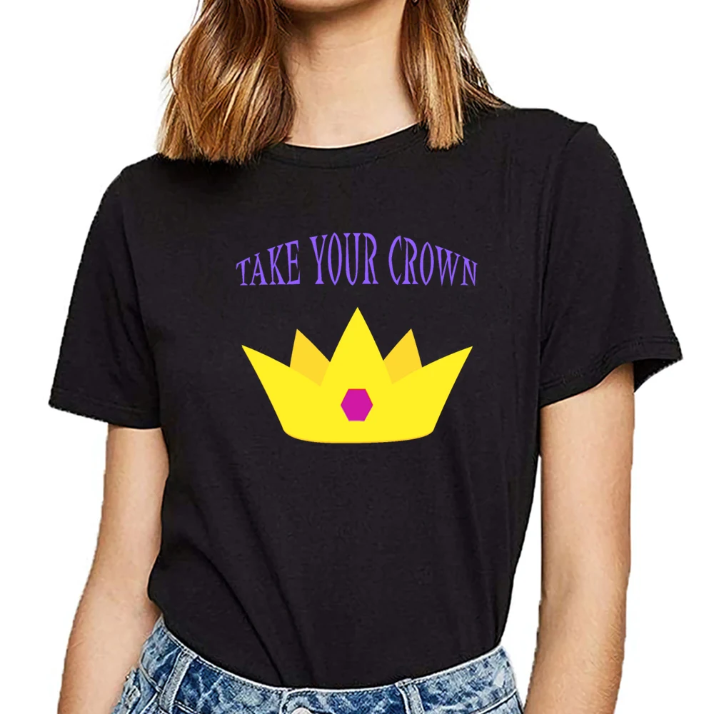 

Tops T Shirt Women take your crown king queen princess Design Black Cotton Female Tshirt